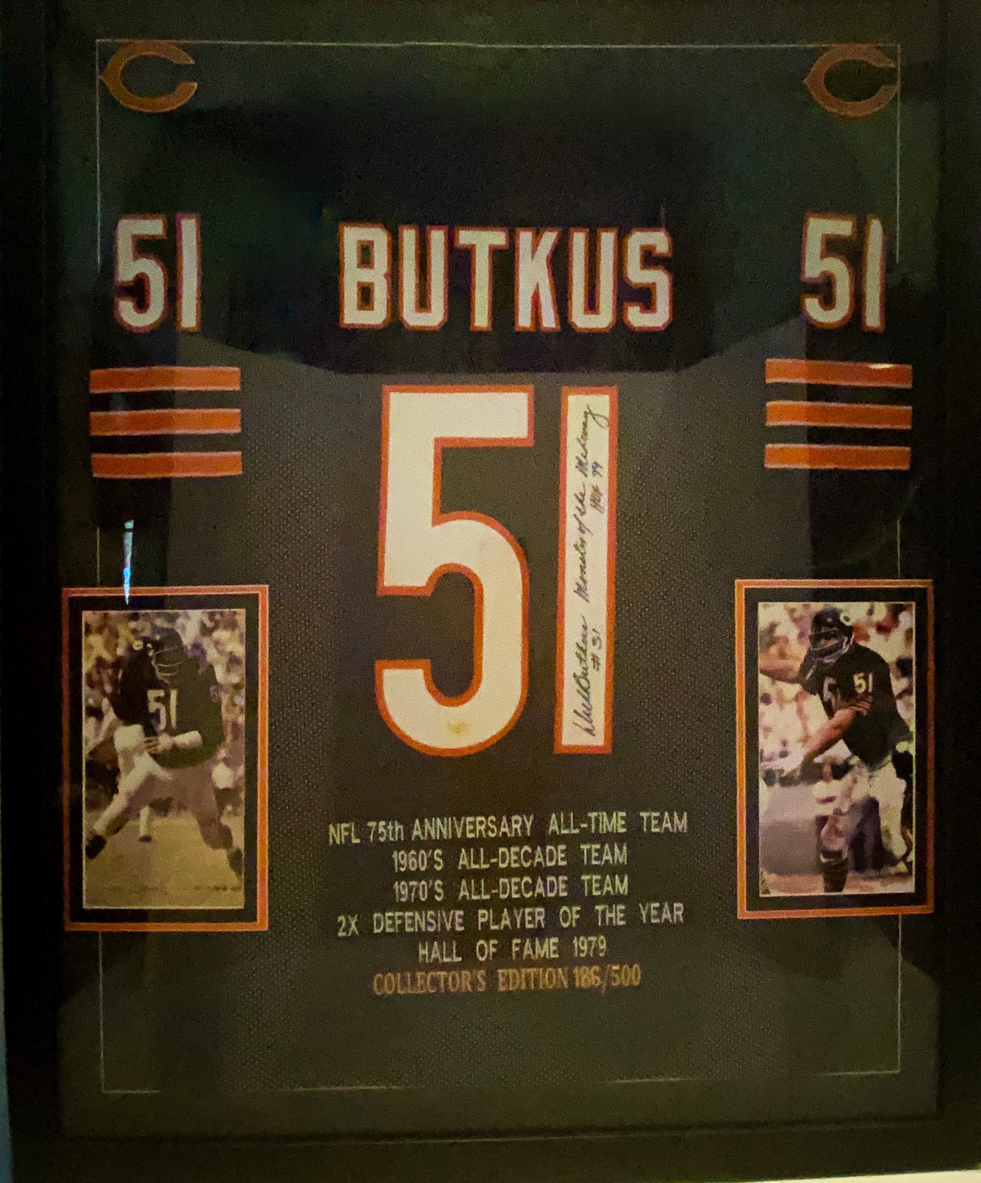 Butkus, Singletary & Urlacher Autographed Monsters of the Midway Jersey  Framed